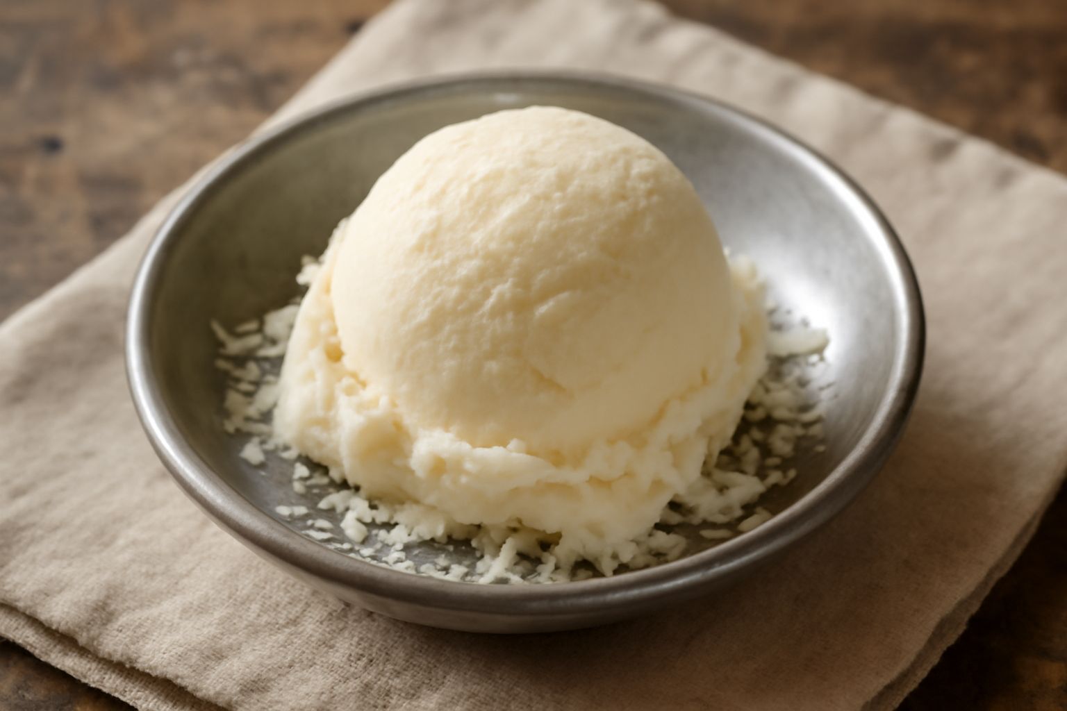 Gelato al parmigiano reggiano di colore bianco crema, servito in coppa di vetro con una guarnizione di scaglie di parmigiano reggiano sul bordo, cucchiaio metallico appoggiato sul piatto
