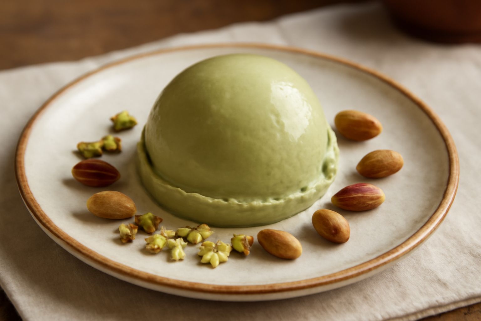 Coppetta di gelato al pistachio di colore verde naturale, cremoso, servito con una pallina, contornato da noccioli di pistacchio e su sfondo bianco