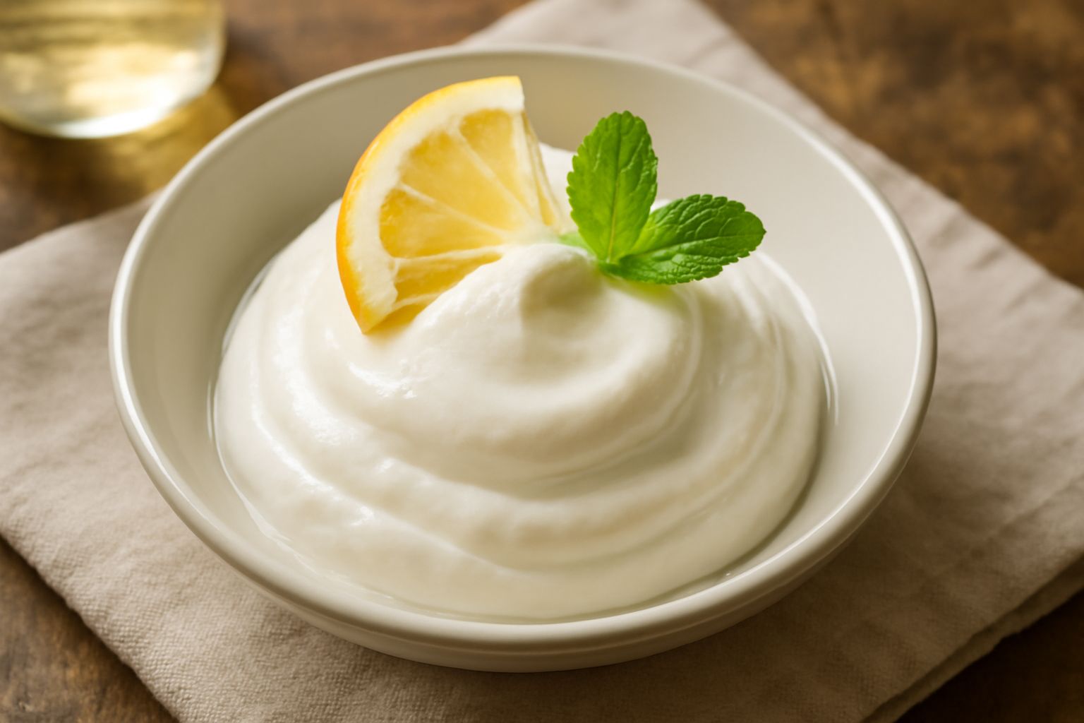 Gelato al torcolato bianco cremoso in coppa di vetro trasparente, guarnito con fettina di limone giallo e foglia di menta fresca verde, con sfondo bianco