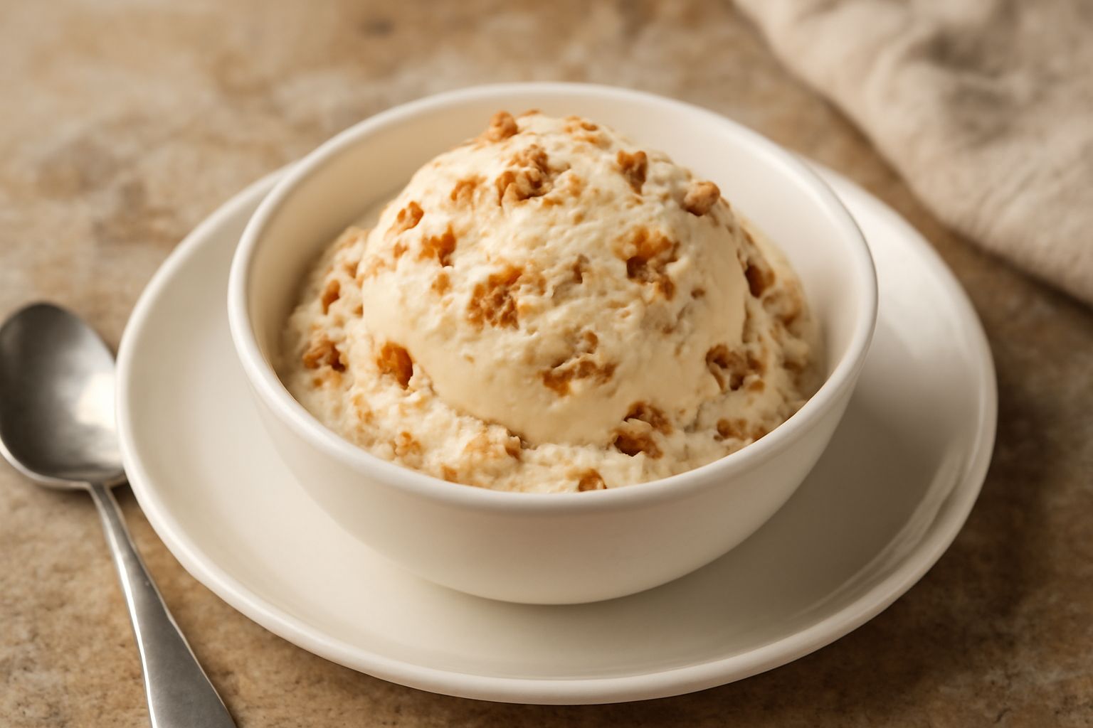 Gelato al torroncino di colore avorio e marrone, servito in coppetta di vetro con cucchiaino, con pezzetti visibili di torrone croccante in superficie e un tocco di nocciola sbriciolata