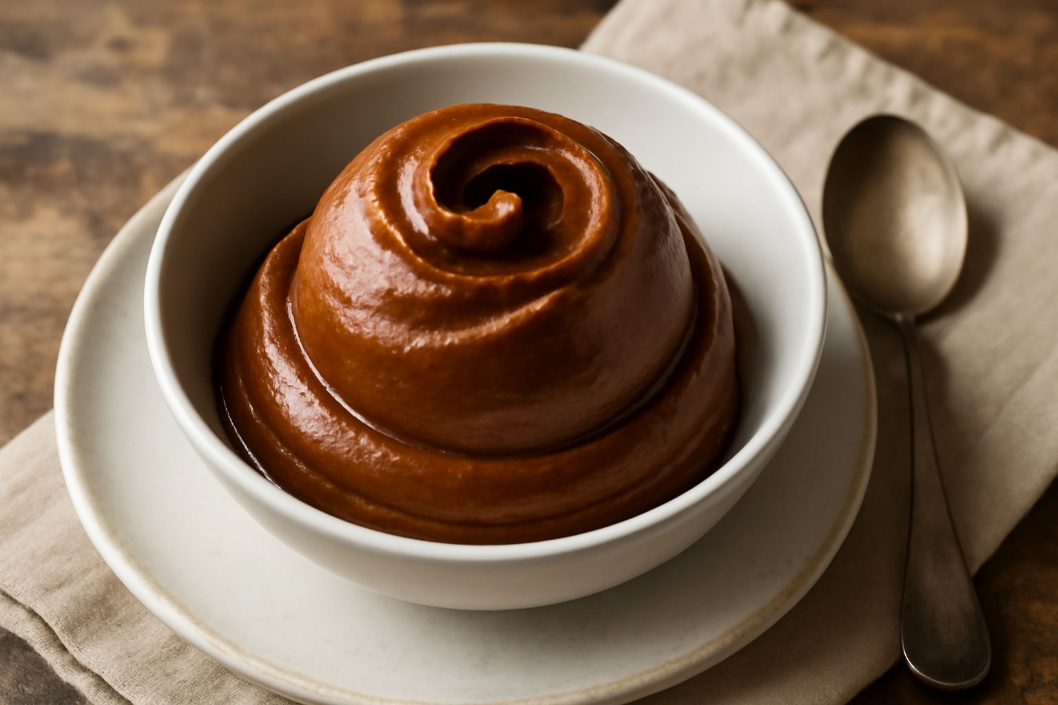 Gelato al vin cotto di colore marrone scuro-ambrato in una coppetta di vetro con un cucchiaio di legno, con una leggera ondulazione in superficie e un aspetto cremoso