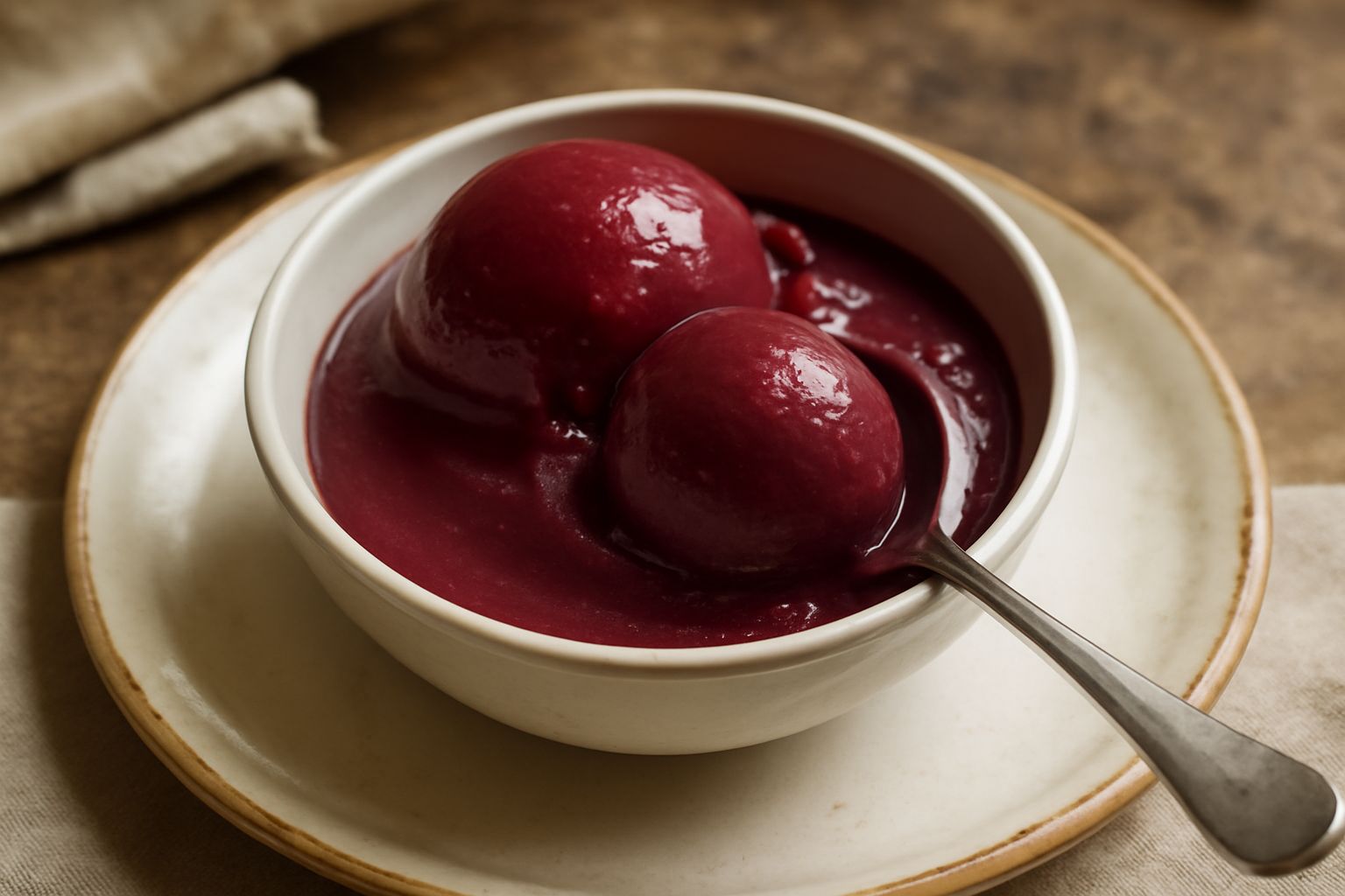 Una coppetta di gelato rosso scuro con striature bordeaux, due palline lisce e cremose, servite in bicchiere trasparente con bordo glassato di zucchero, accompagnate da una foglia di menta verde e una