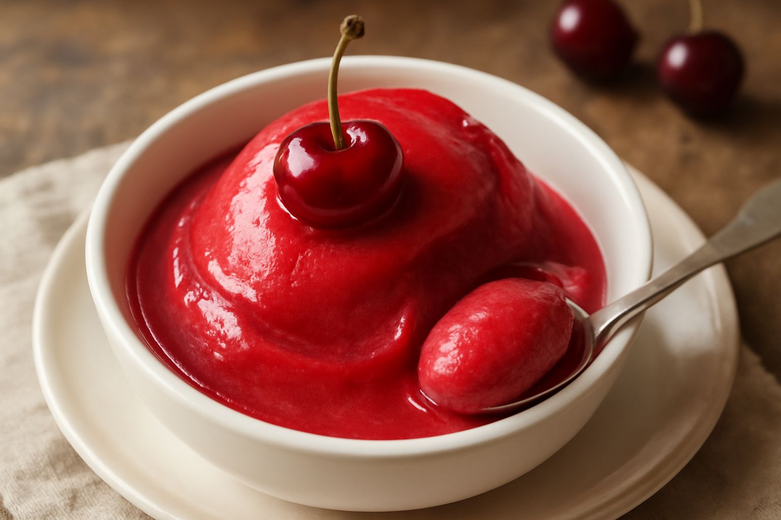 Coppetta di vetro con gelato alla ciliegia di colore rosso acceso, superficie liscia e cremosa, guarnito con una ciliegia fresca con picciolo sulla sommità, fondo bianco neutro