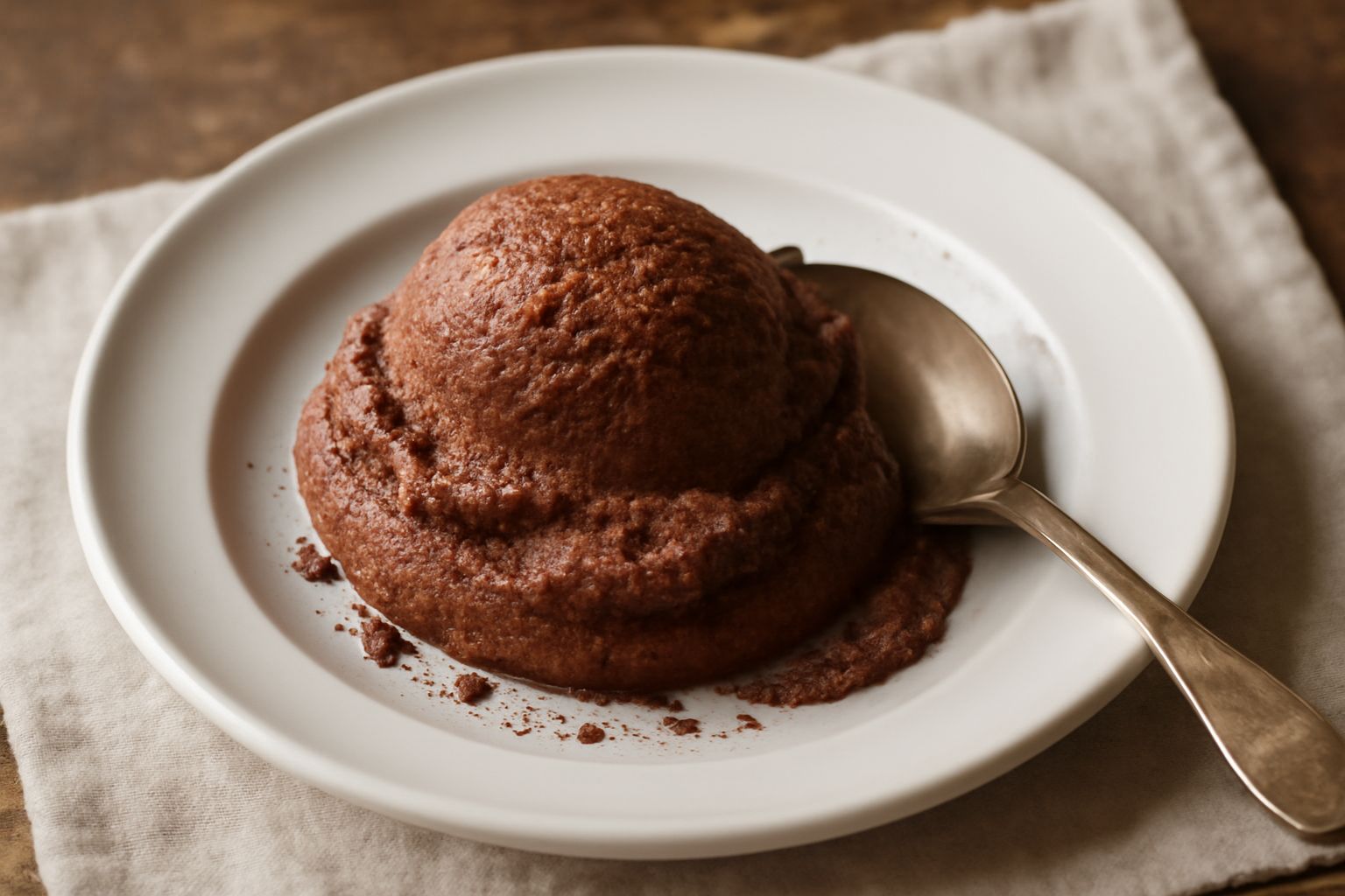 Coppetta di gelato alla cioccolata di colore marrone scuro con texture visibilmente granulosa, servito con un piccolo cucchiaio, su sfondo bianco