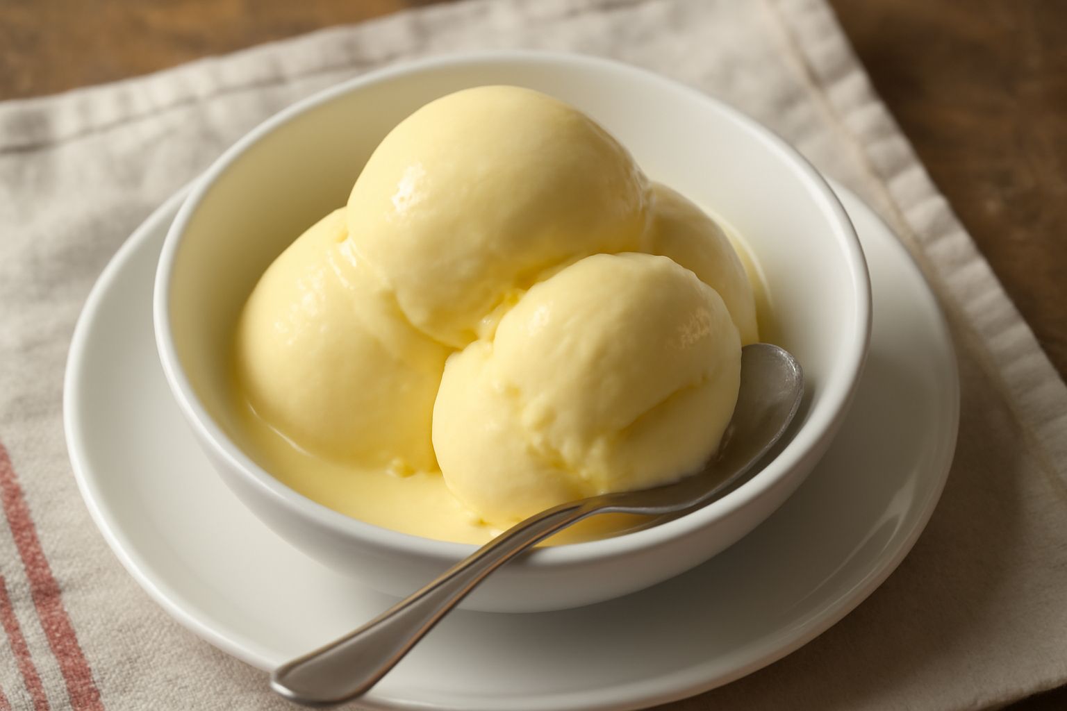 Coppetta di gelato color avorio con due palline lisce di gelato alla crema, guarnito con una wafer e una ciliegia candita, fondo bianco