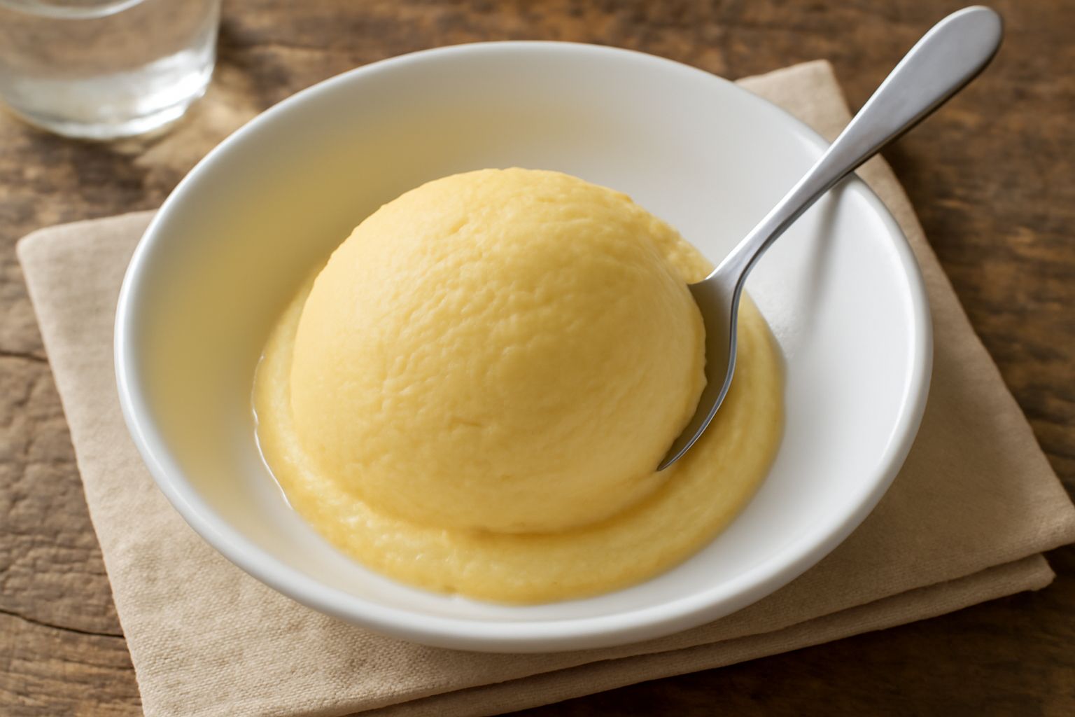 Gelato alla crema di Salerno color giallo paglierino servito in coppetta di vetro trasparente con spatola di legno, superficie liscia e lucida, sfondo bianco