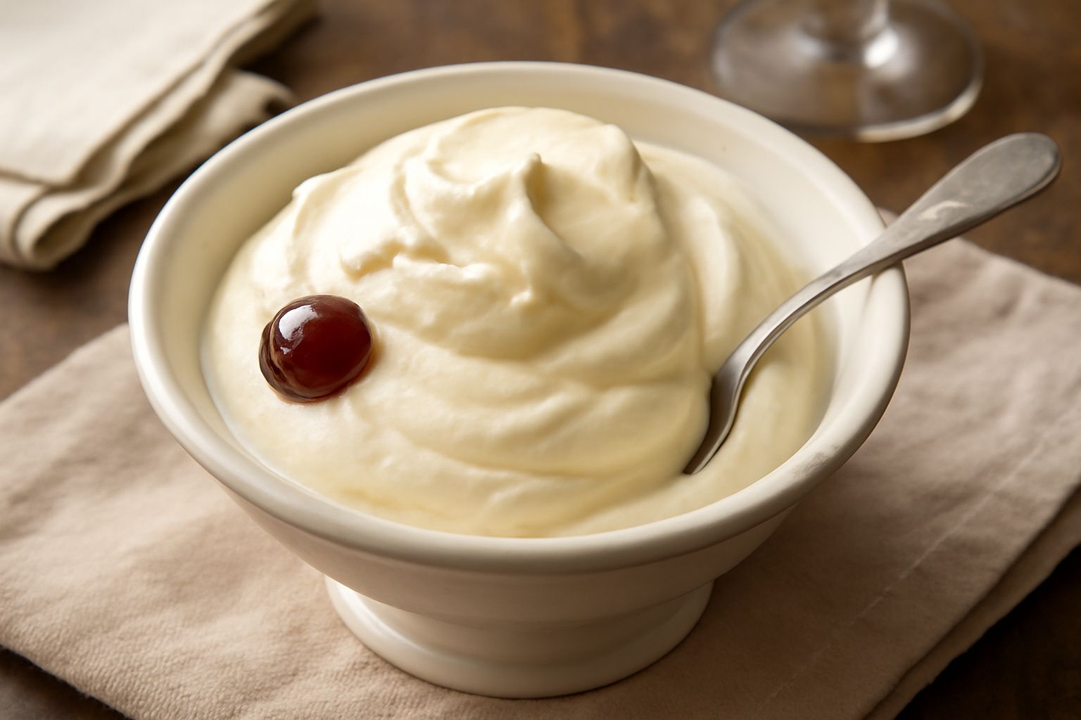Gelato alla crema modenese in coppa di vetro, color bianco avorio, con superficie morbida e lucida, guarnito con una cialda ondulata e una ciliegia candita in cima, su sfondo bianco