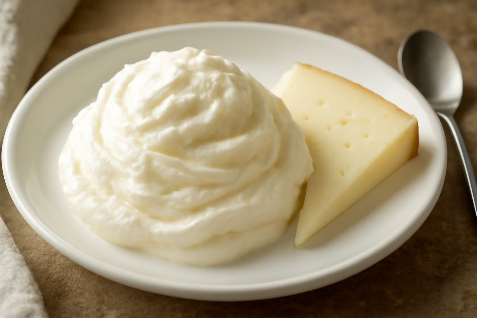 Coppetta di gelato alla fontina di colore bianco avorio con riflessi leggermente dorati, cremoso e liscio, guarnito con una sottile fetta di fontina a lato e collocato su un piatto bianco con un cucch