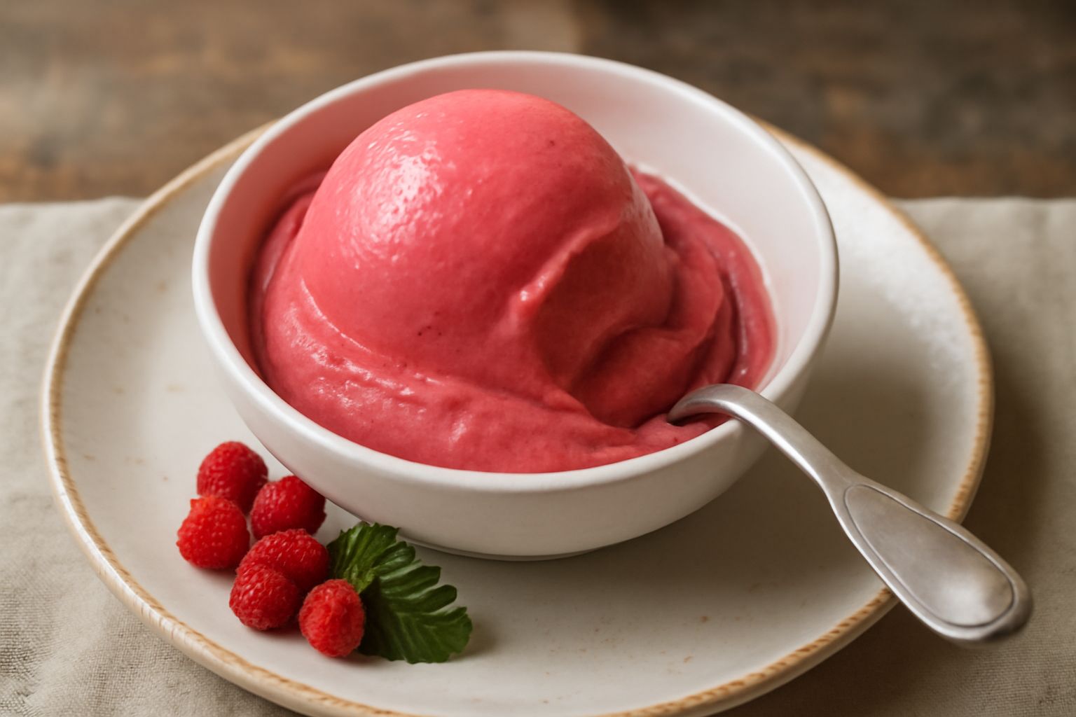 Gelato rosa intenso alla fragola di bosco servito in coppetta di vetro trasparente, con tre cucchiaiate arrotolate, fragole fresche di bosco accanto e fondo bianco