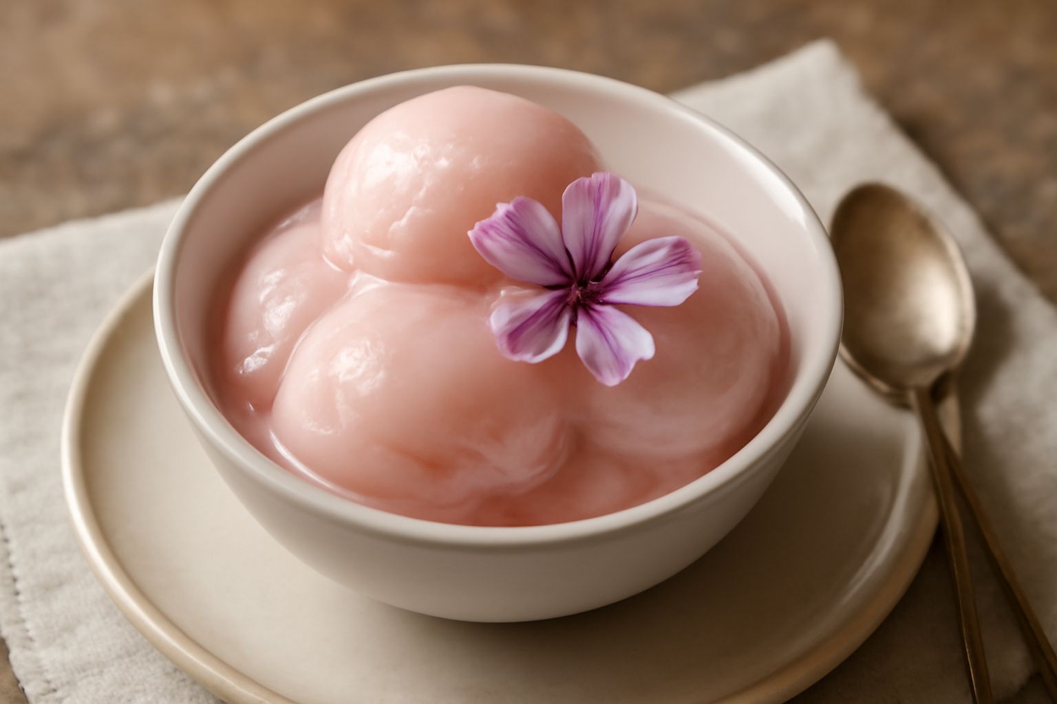 Gelato alla malva di colore rosa pallido servito in una coppetta di vetro basso, tre palline compatte, guarnito con uno stelo di fiore di malva fresco sulla spalla destra, sfondo bianco, luce naturale