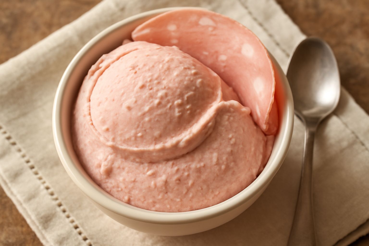 Gelato alla mortadella servito in una coppetta di ceramica bianca, di colore rosa cipria con venature leggere, guarnito con una fettina di mortadella e una spolverata di pepe nero macinato fresco