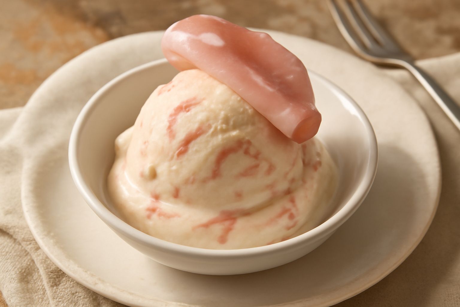 Gelato di colore beige con venature rosa chiaro di mortadella, servito in una coppetta di vetro con una pallina compatta e liscia, accompagnato da una sottile fetta di mortadella di Modena sulla super