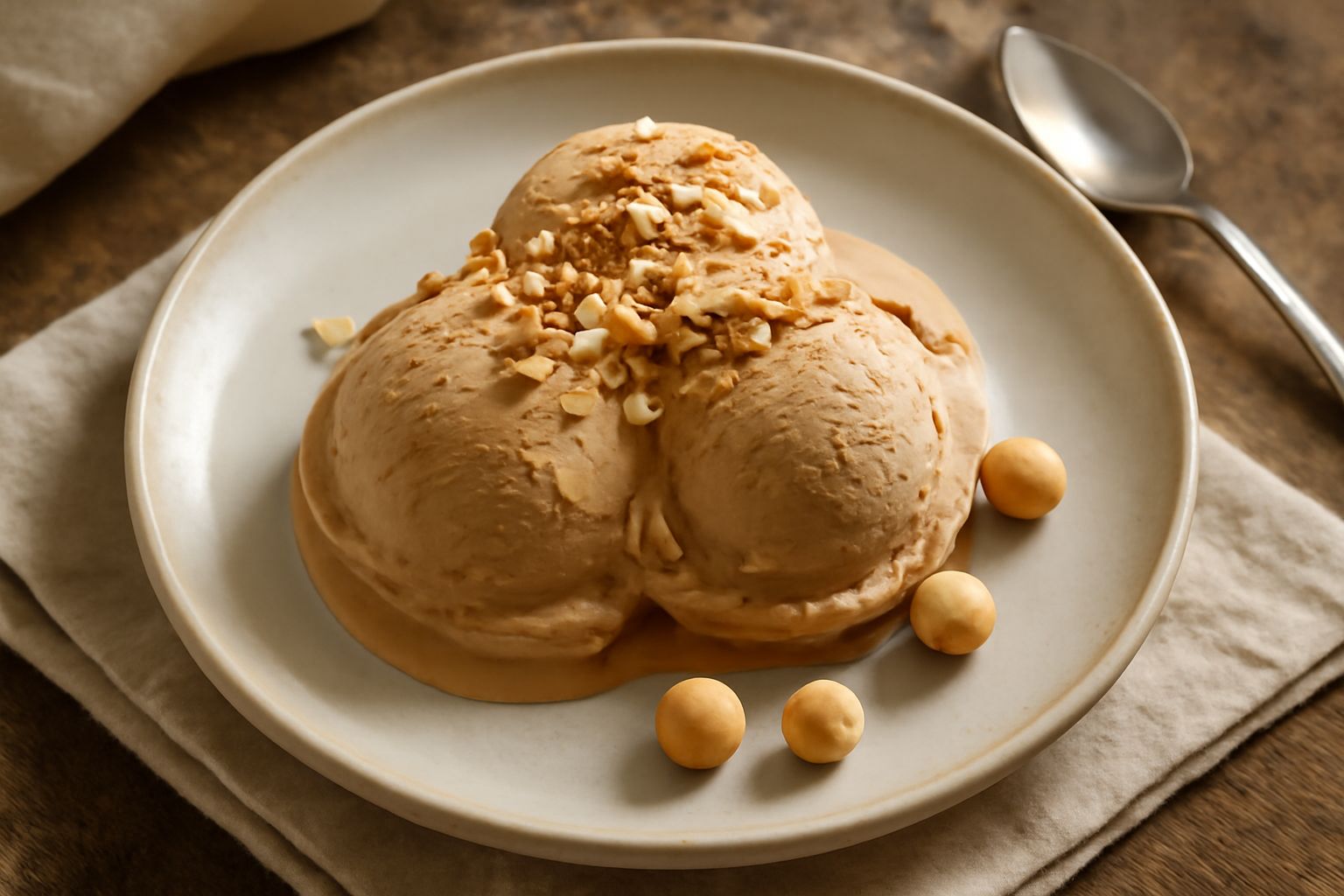 Gelato alla nocciola color marrone nocciola servito in coppetta bianca con tre cucchiai di legno, superficie liscia e brillante, guarnito con una nocciola intera tostata, fondo bianco da tavolo