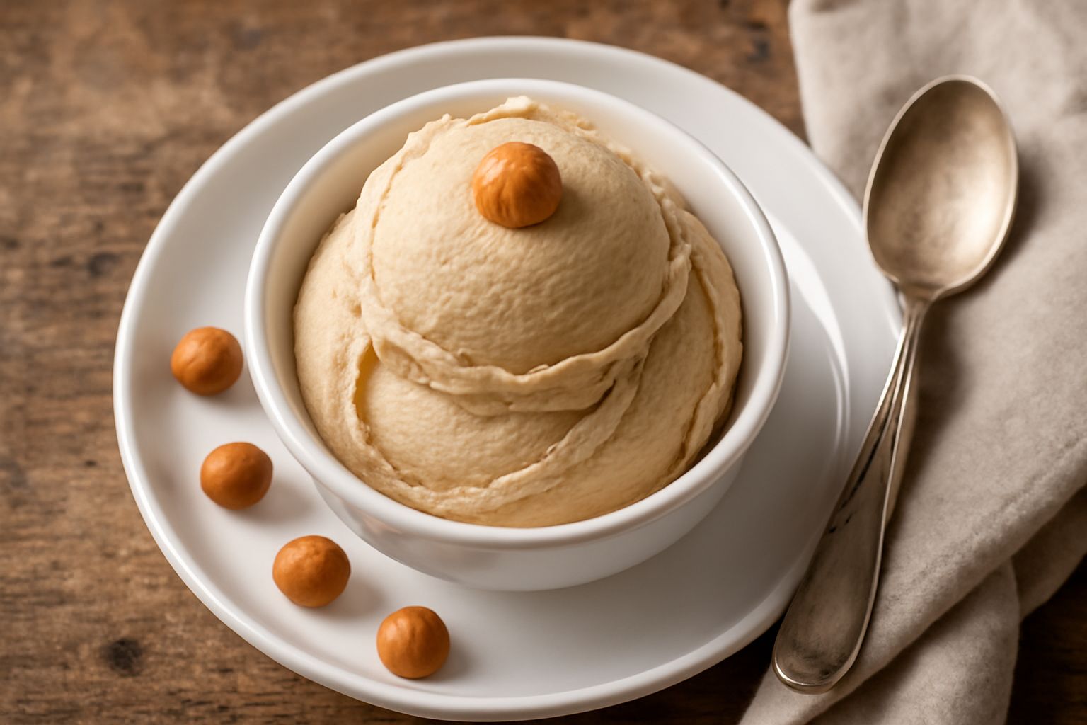 Coppetta di vetro con gelato alla nocciola color beige-dorato, con superficie liscia e lucida, guarnito con nocciola intera sgusciata. Fondo neutro bianco.