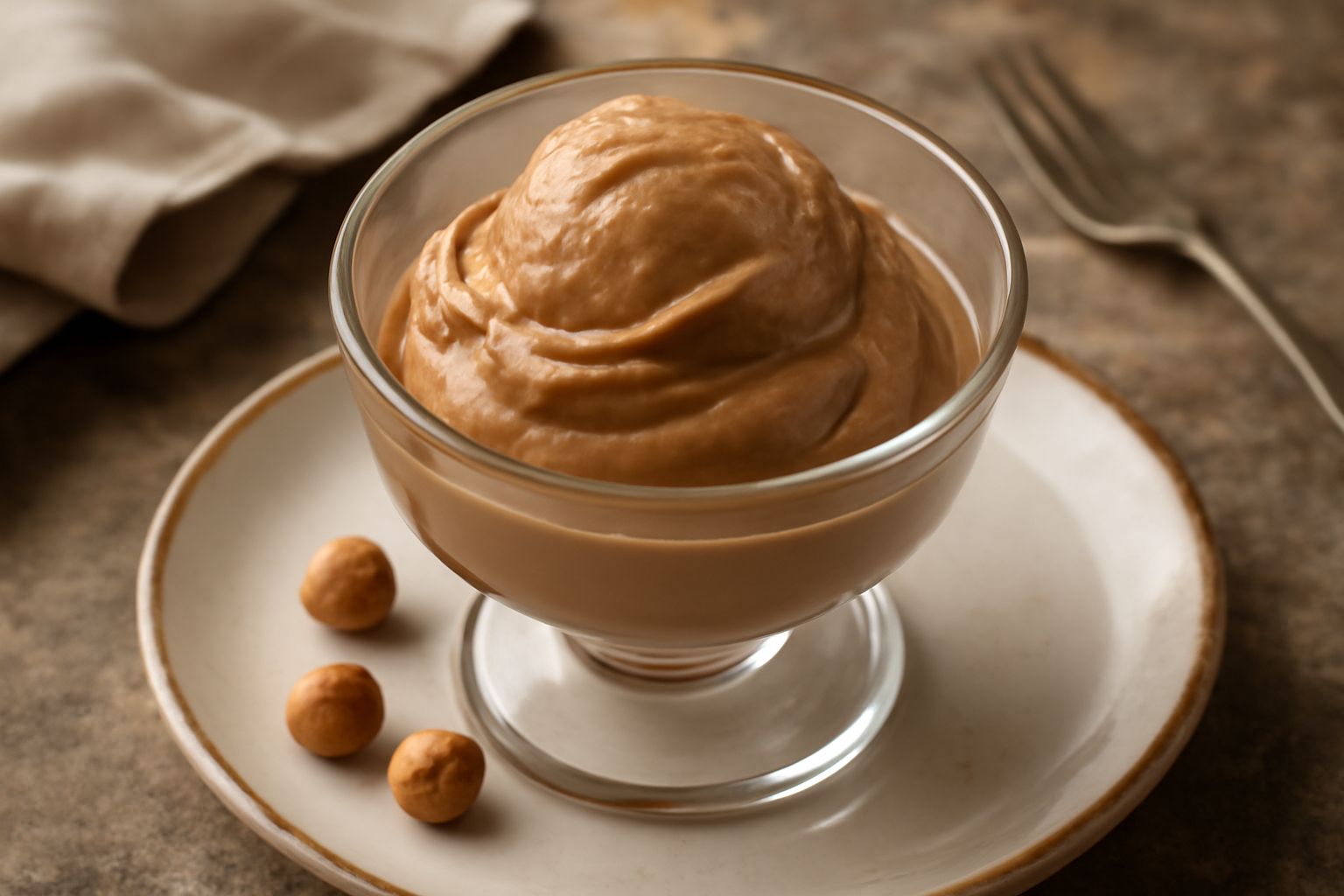 Gelato alla nocciola in coppa di vetro trasparente, di colore marrone nocciola, con superficie liscia e lucida, una cucchiaiata accanto, fondo beige neutro