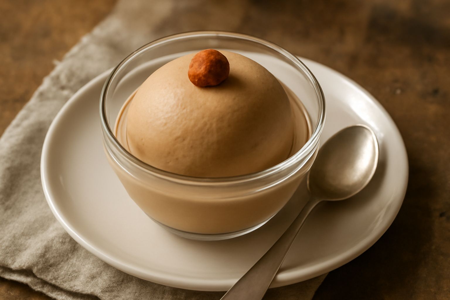 Gelato alla nocciola tonda di colore marrone chiaro servito in una coppetta di vetro con un cucchiaio, con nocciole intere accanto e vasetto di nocciole crude sullo sfondo