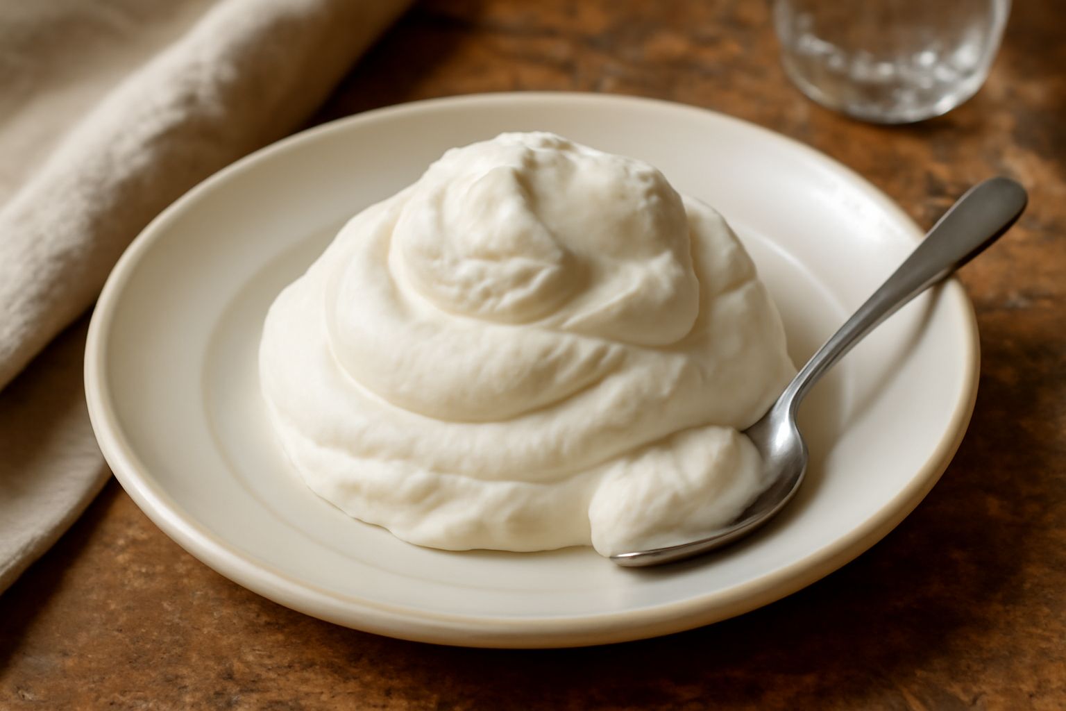 Coppetta di vetro trasparente con gelato alla panna bianco crema, lisciato con spatola, guarnito con una ciliegia scura in cima, su superficie di marmo bianco con un cucchiaio metallico accanto