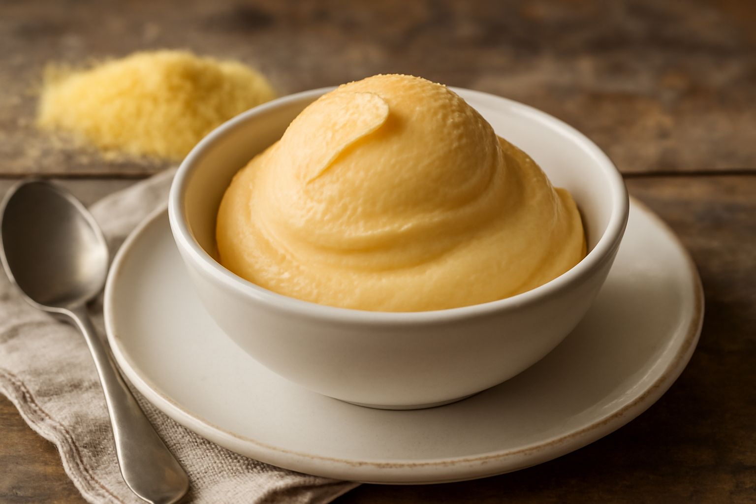 Gelato alla polenta in coppetta di vetro, color biondo dorato con riflessi beige, superficie liscia e cremosa, con una piccola guarnizione di grani di polenta tostata in cima, servito a temperatura da
