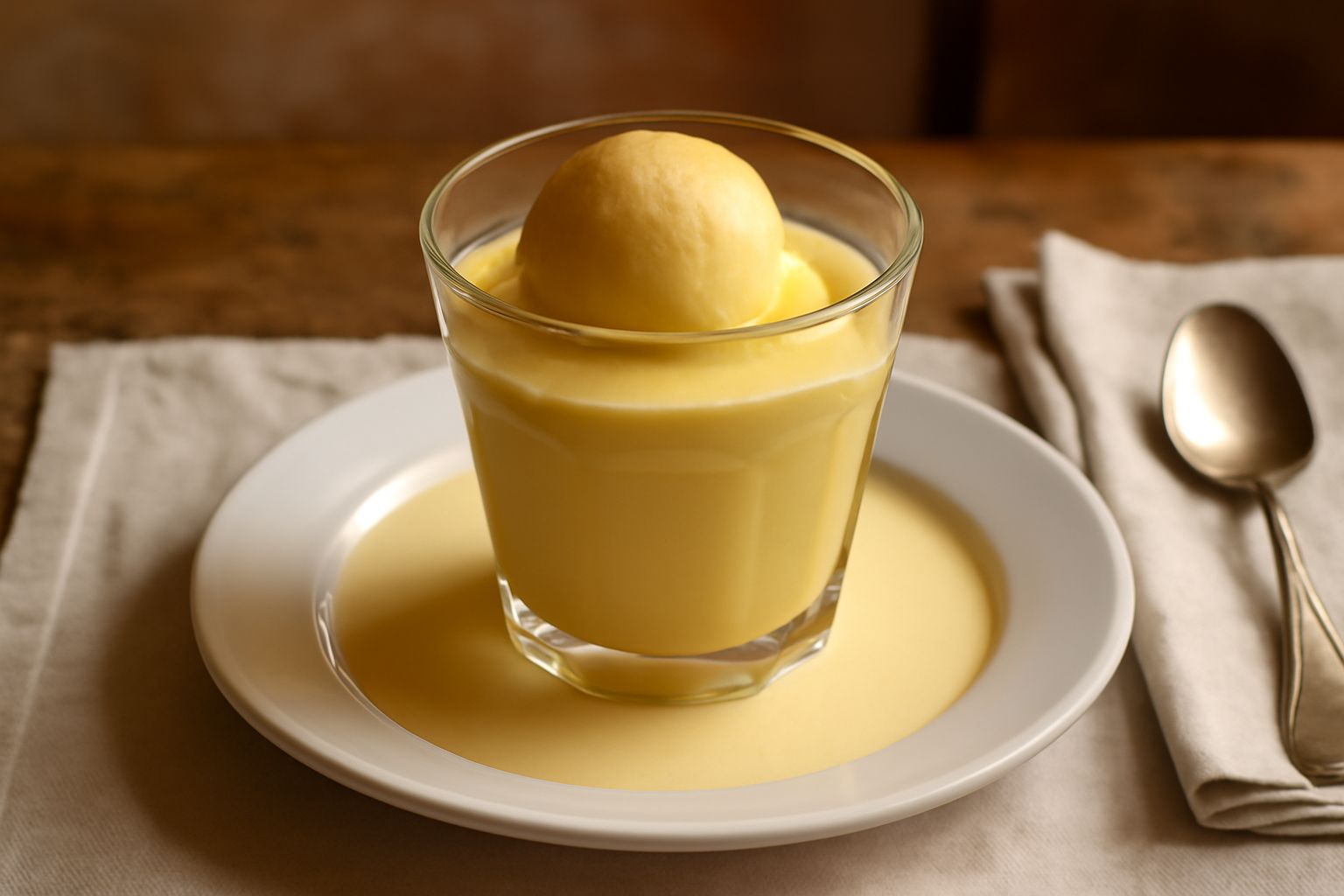 Coppetta di gelato alla siciliana color giallo paglierino, cremoso e denso, servito con un cucchiaio in acciaio su tavolo bianco, con una pallina di gelato morbido in superficie