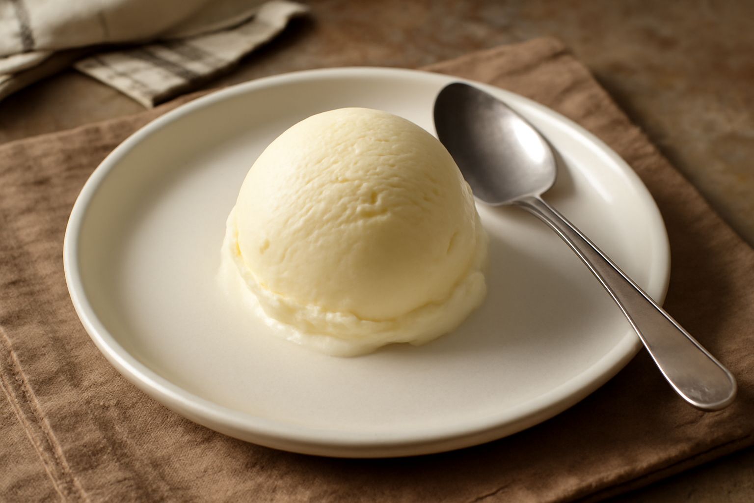 Tre palline di gelato alla vaniglia dal colore bianco crema, liscio e brillante, servite in una coppa di vetro con una wafer croccante e una bacca di vaniglia come guarnizione