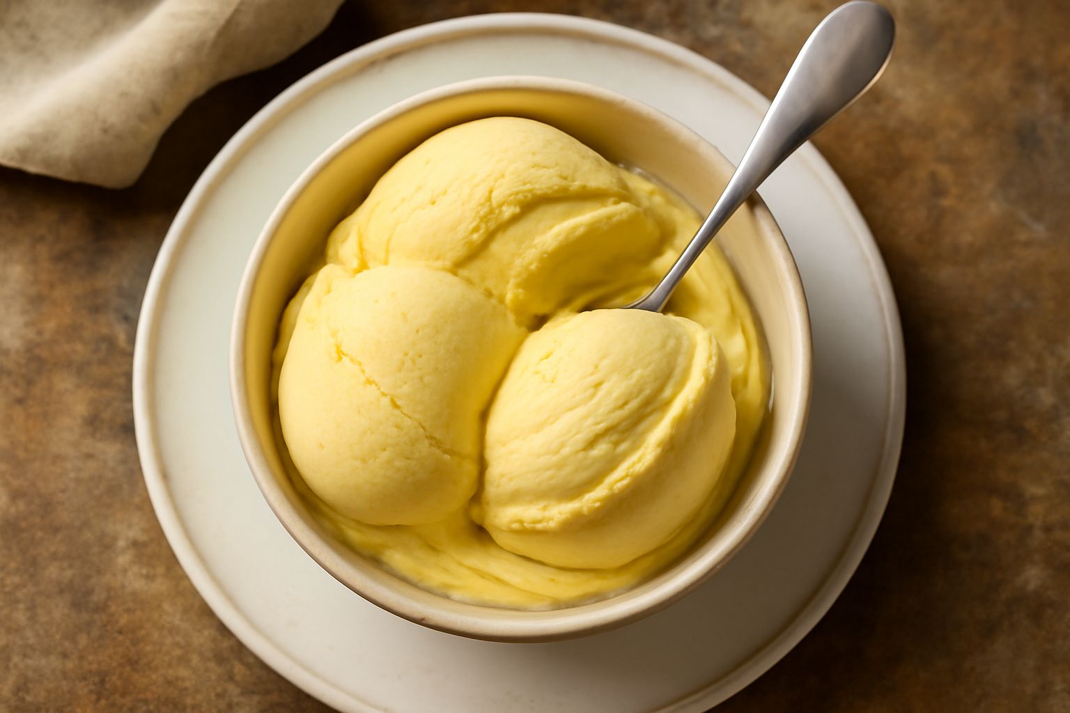 Coppetta di gelato cremoso color giallo paglierino con cucchiaino in acciaio, sopra una spolvera di cacao amaro, sfondo bianco