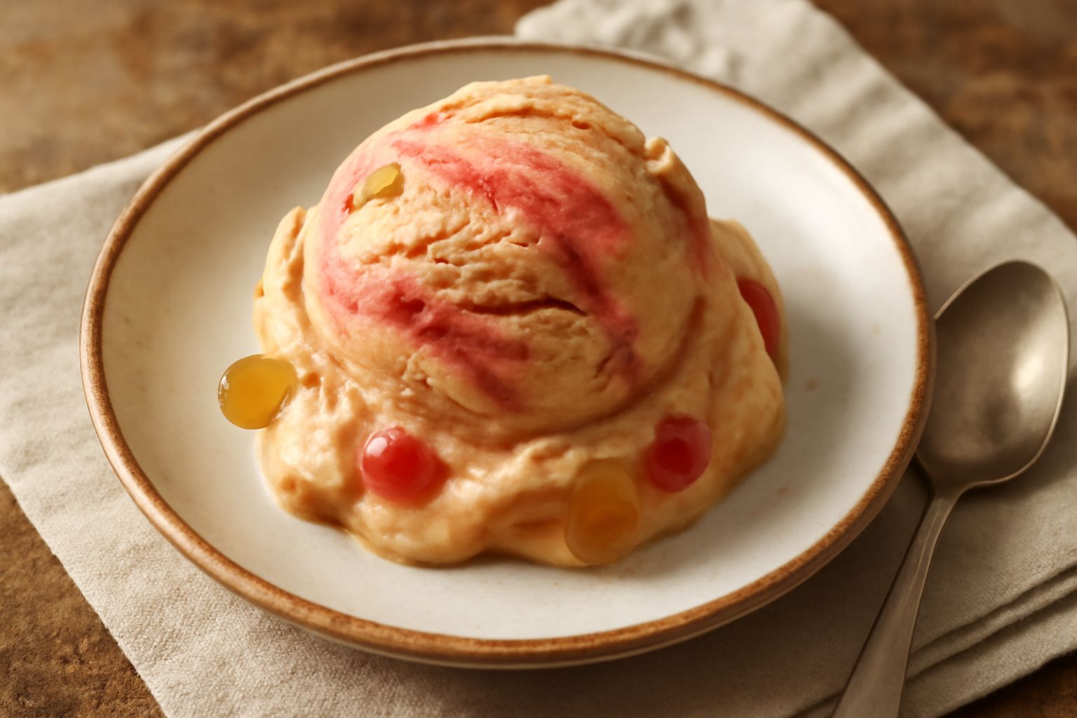 Gelato alla zuppa inglese in coppetta di vetro trasparente, color beige con striature rosa, decorato con frammento di panettone e piccoli frutti canditi rossi, cucchiaio in primo piano