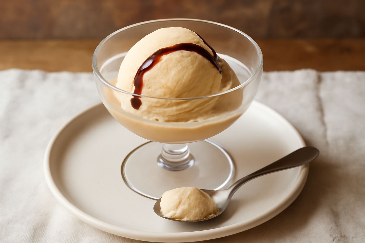 Gelato color beige cremoso servito in coppa di vetro trasparente, guarnito con filo sottile di aceto balsamico scuro brillante in cima, cucchiaio di legno accanto, sfondo bianco
