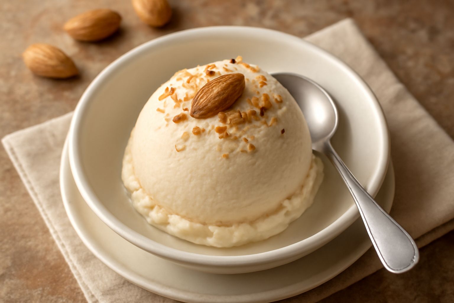 Coppetta di gelato alle mandorle color beige chiaro, con superficie liscia e cremosa, guarnito con uno spicchio di mandorla tostata, servito su un piattino bianco con cucchiaio