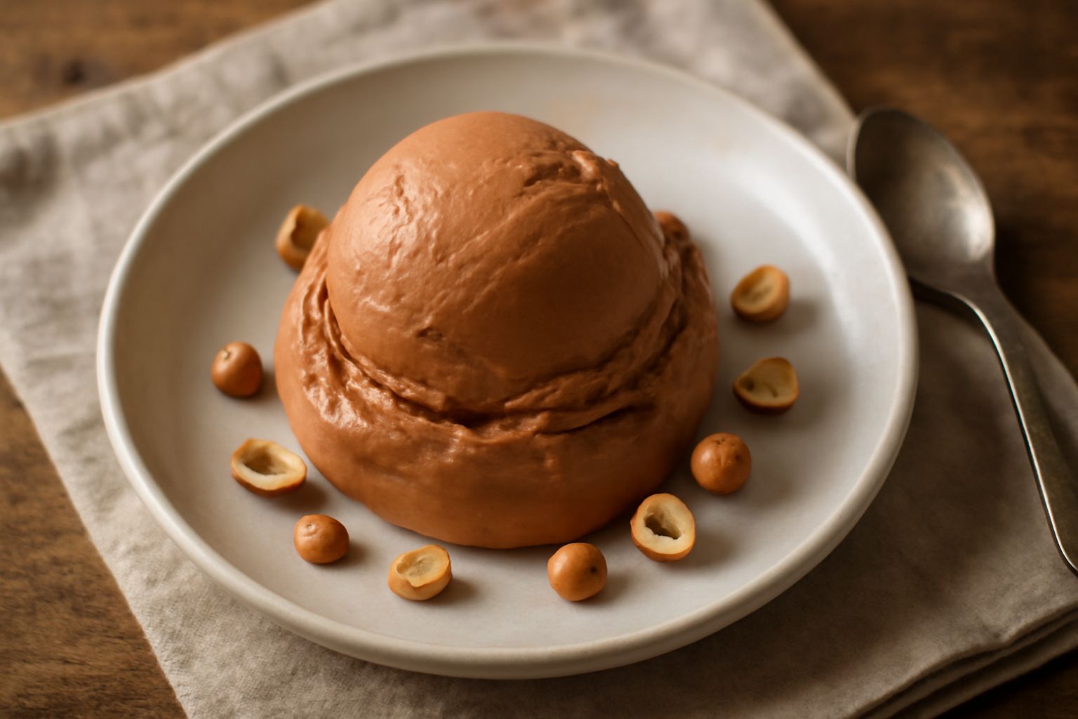 Gelato alle nocciole tostate di colore marrone chiaro, servito in una coppetta bianca con una nocciola intera adagiata sopra, cucchiaio di legno a lato, sfondo bianco