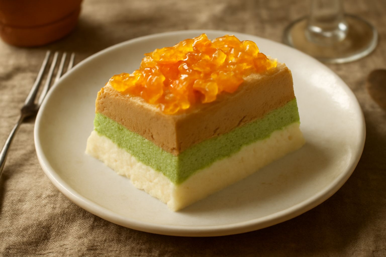 Gelato cassata riminese a fette su un piatto bianco, con strati ben definiti di crema vaniglia, verde pistacchio, marrone nocciola e frammenti di frutta candita colorata visibili