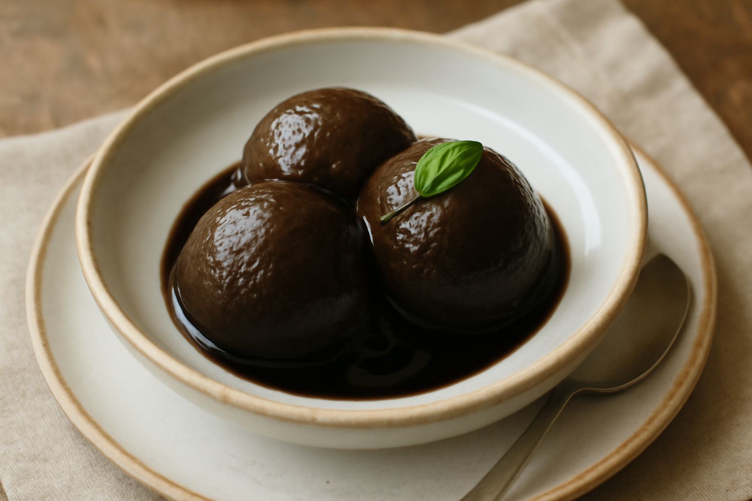 Gelato di aceto balsamico in coppetta di vetro trasparente, tre pallini color marrone scuro lucido con superficie liscia, servito con un cucchiaio di metallo, sfondo bianco