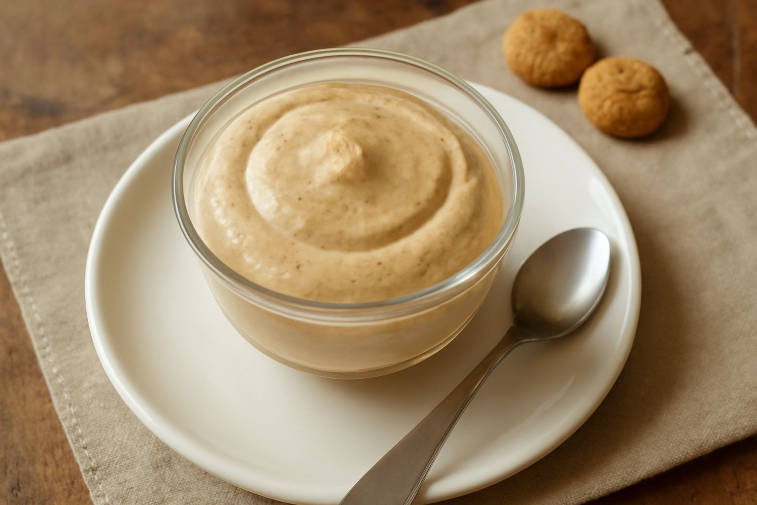 Gelato di amaretti color beige cremoso servito in una coppetta di vetro, guarnito con un biscotto intero di amaretto spezzato a metà, con sfondo sfocato bianco e luminoso