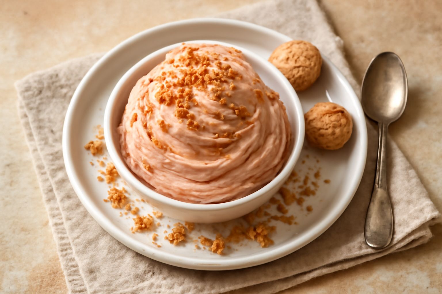 Gelato di amaretto in una coppetta bianca, colore beige caldo con sfumature rosa pallido, decorato con due biscotti amaretti spezzati e un cucchiaio di legno accanto. Superficie liscia e cremosa, ness