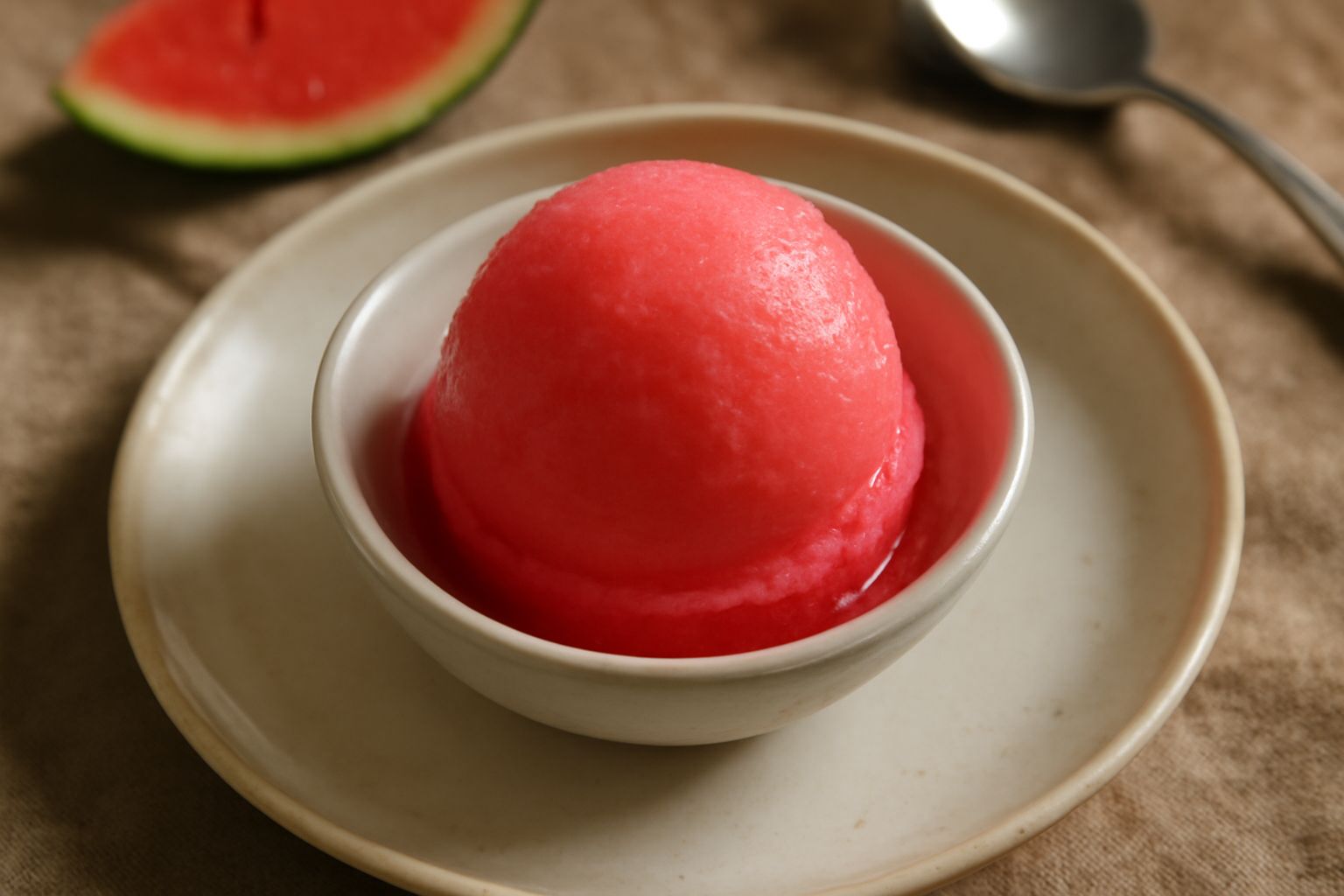 Gelato di anguria color rosa acceso servito in una coppa di vetro trasparente, con una pallina tonda ben formata, guarnito con una sottile fetta di anguria fresca sul bordo