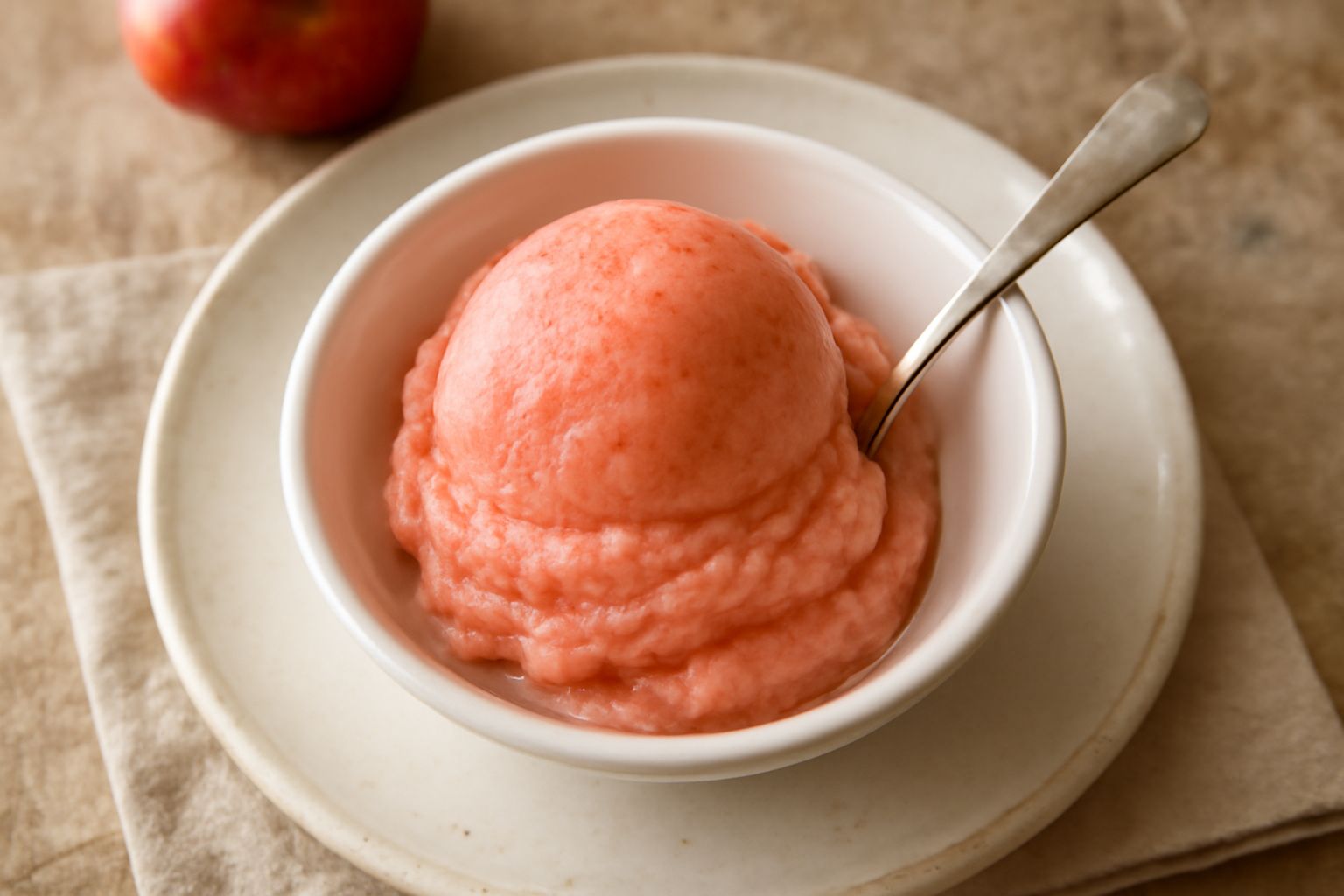 Gelato di annurca color rosa corallo in coppetta di vetro, due cucchiaiate cremose con mela rossa intera sullo sfondo e cucchiaio in metallo