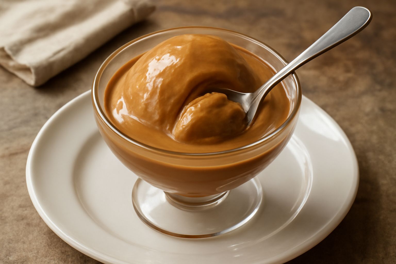 Gelato di bacio color marrone dorato con nocciole fragranti, servito in coppa di vetro con una nocciola intera posata sul cucchiaio, sfondo bianco