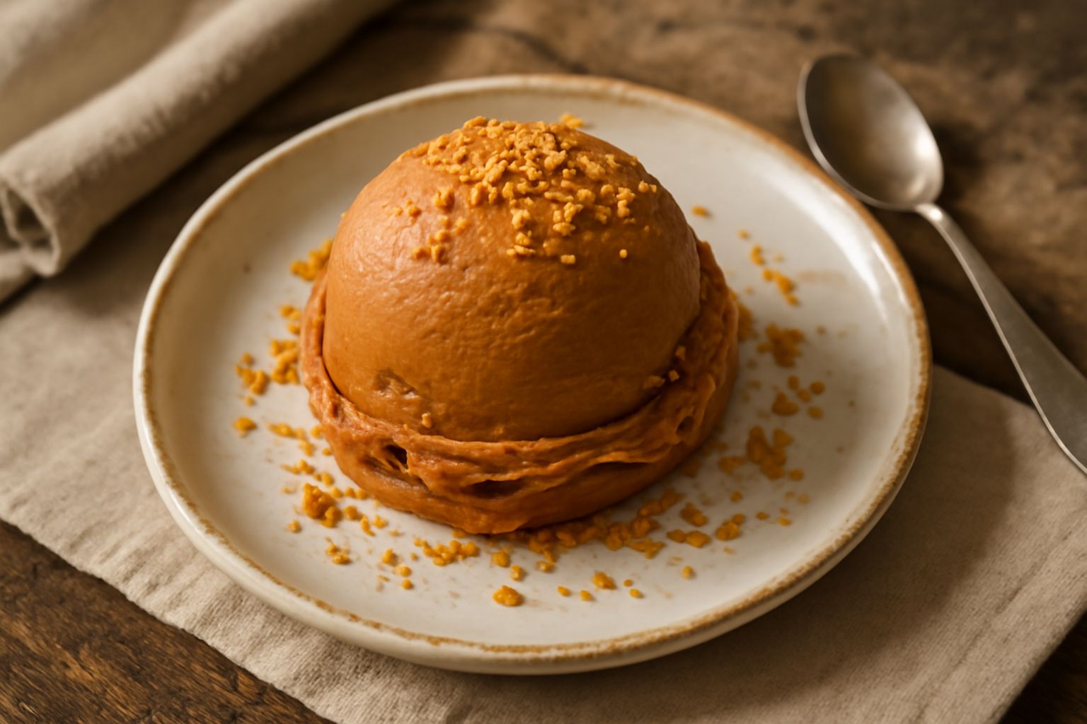 Gelato color nocciola con striature di cacao, servito in coppetta di vetro con due stecchi, superficie morbida e lucida, guarnito con granella di nocciola tostata