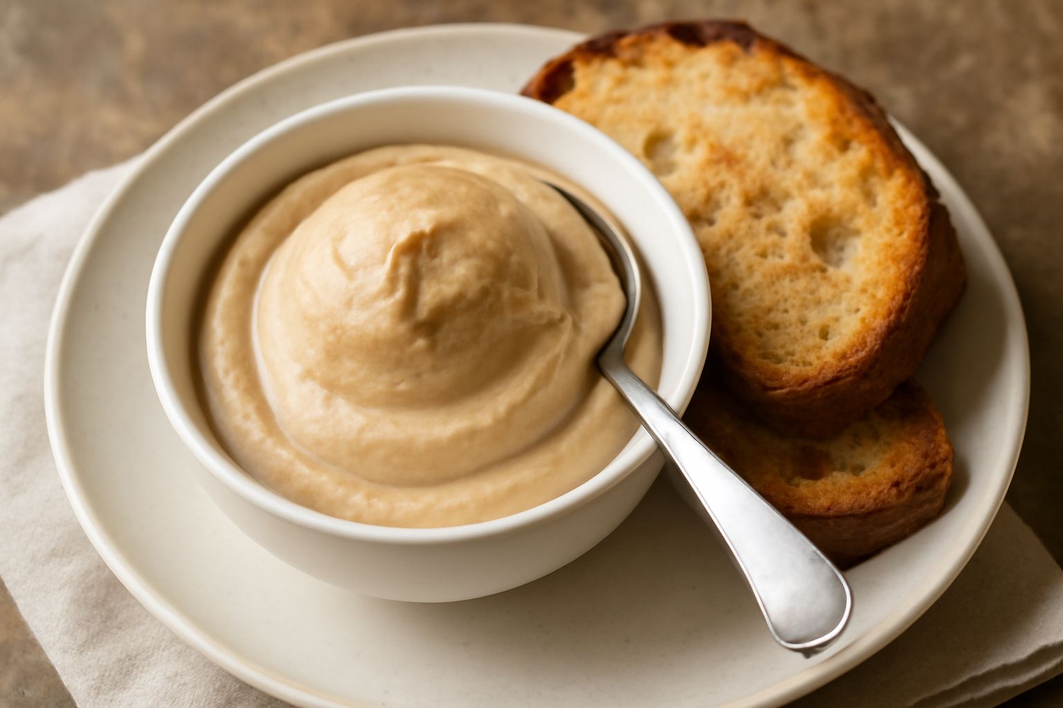Gelato di bagna cauda beige e bianco cremoso, servito in una coppetta da gelato con un cucchiaio di acciaio, guarnito con una sottile fetta di pane tostato accanto