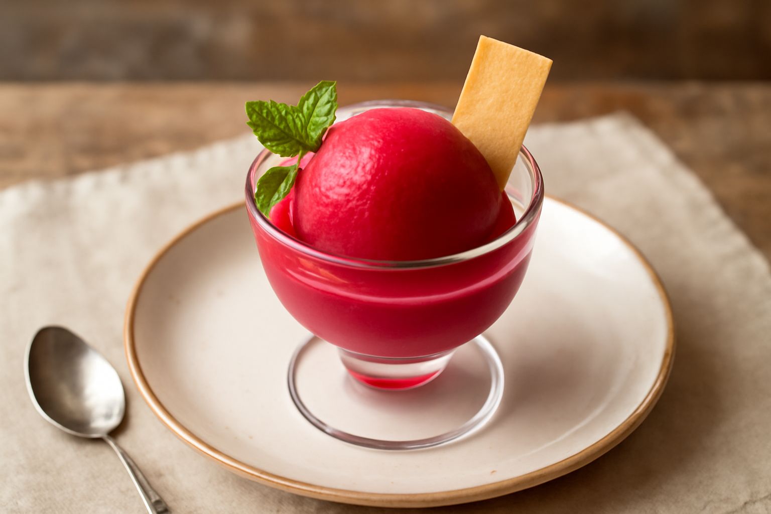 Gelato di barbabietola di colore rosa-rosso intenso, servito in coppa di vetro trasparente con una pallina tonda liscia, contorno di wafer sottile e foglia di menta fresca accanto