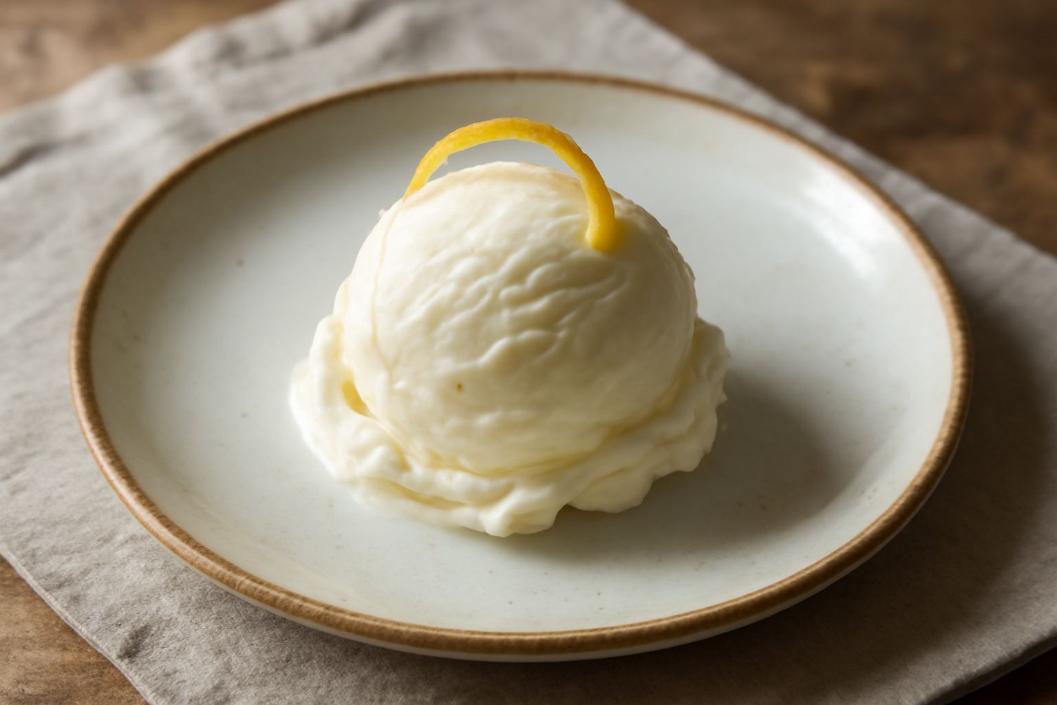 Gelato di bergamotto di colore bianco crema, servito in coppetta di vetro con una pallina morbida e liscia, guarnito con una buccia di bergamotto candita gialla pallido, su fondo bianco con una cucchi