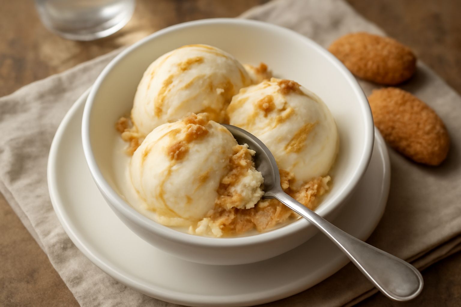 Una coppetta di vetro trasparente riempita di gelato color panna con frammenti dorati di biscottini sparsi in superficie e visibili dentro la massa. Cucchiaio di legno appoggiato sul bordo, fondo sfoc