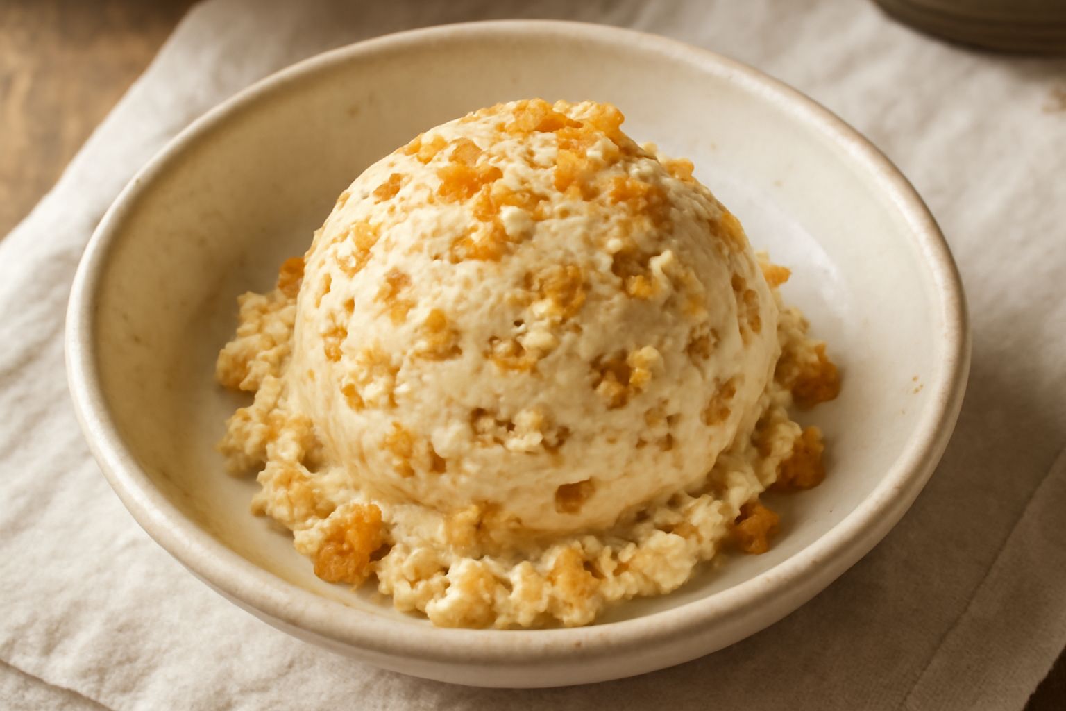 Coppetta di gelato color crema con frammenti dorati di biscotto croccante, servito con un biscotto intero appoggiato sul bordo, fondo di marmo bianco