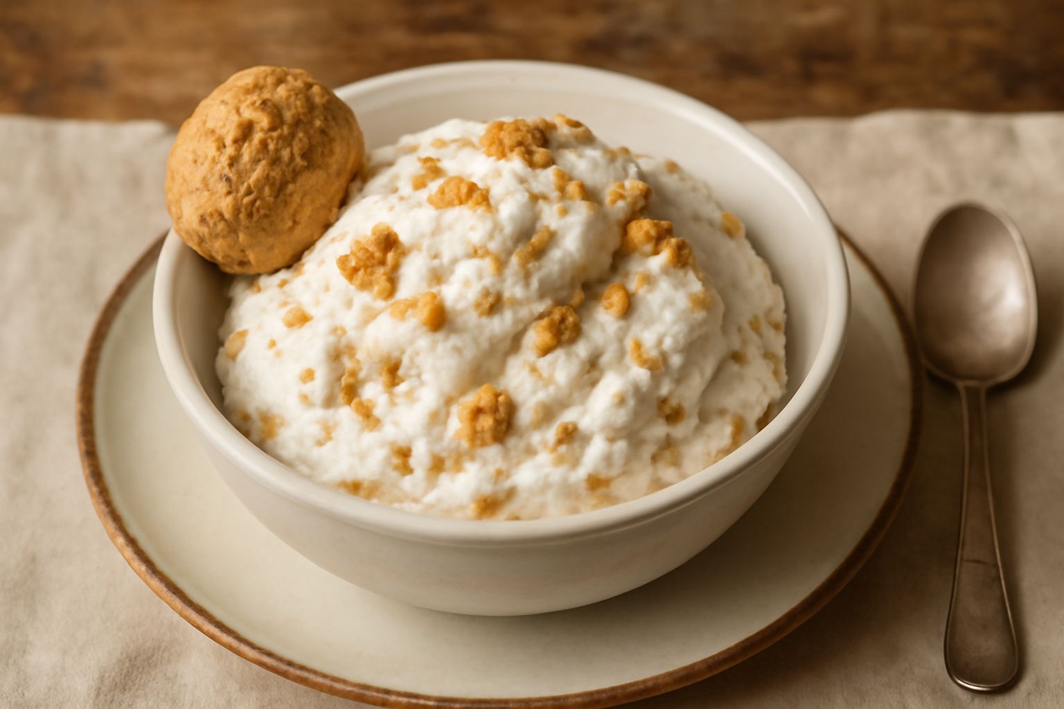 Coppetta di gelato cremoso colore vaniglia con pezzi visibili di biscotto amaretto dorato, una cucchiaiata di gelato che mostra la consistenza morbida, servito in coppetta bianca