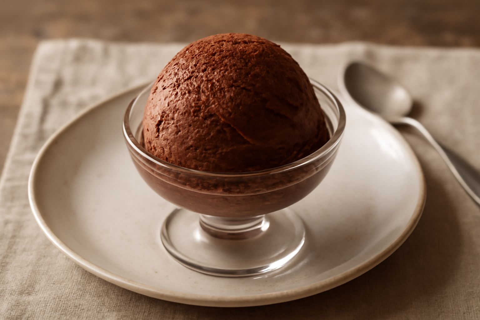 Gelato di bunet in coppetta di vetro trasparente, colore marrone scuro con riflessi di cacao, superficie liscia e lucida, decorato con pezzetti di amaretti in cima, sfondo bianco