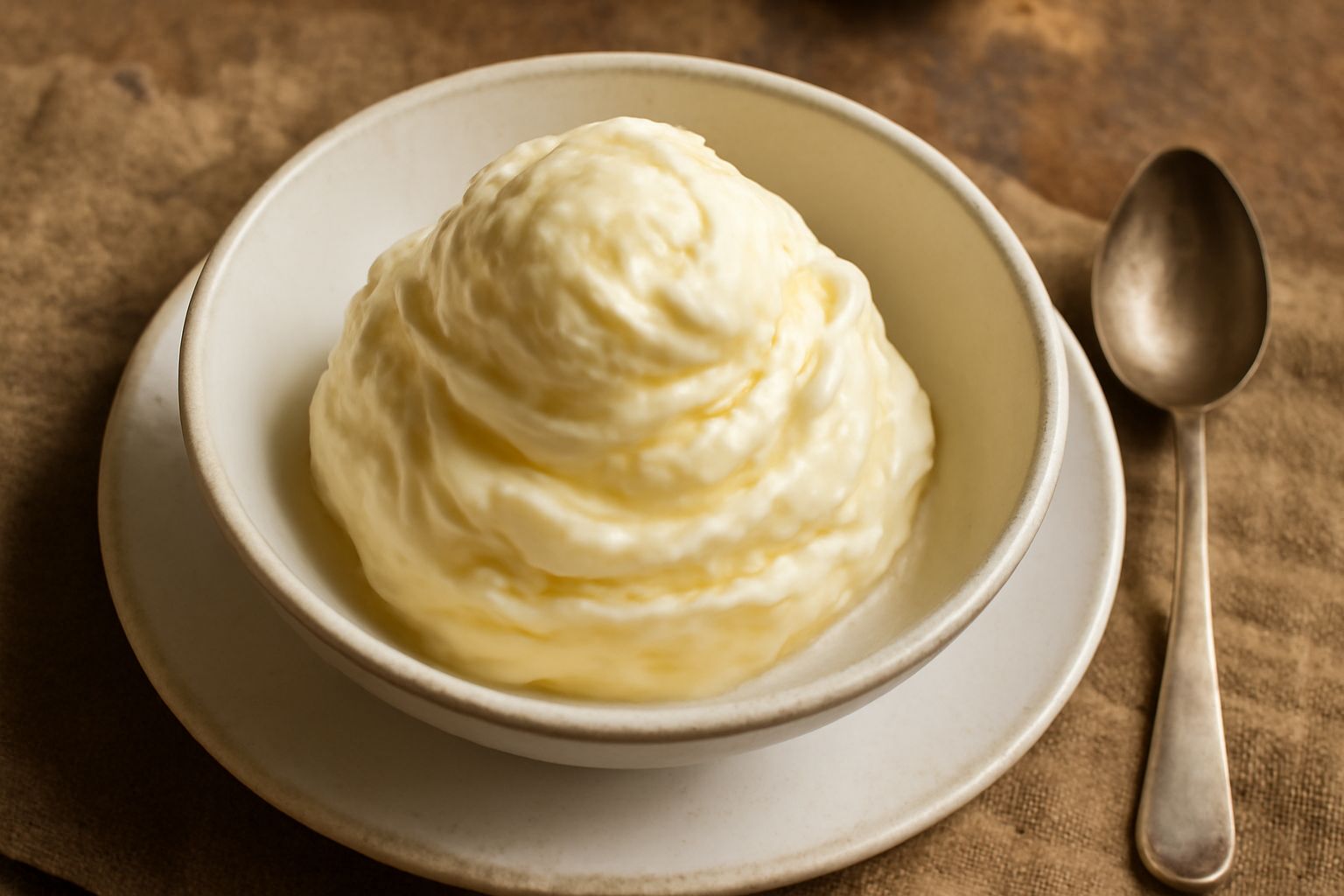 Gelato di cacio e pere servito in coppa di vetro trasparente, dal colore bianco avorio con venature gialle dorate, guarnito con una fetta di pera fresca sulla sommità, con sfondo di pere intere gialle