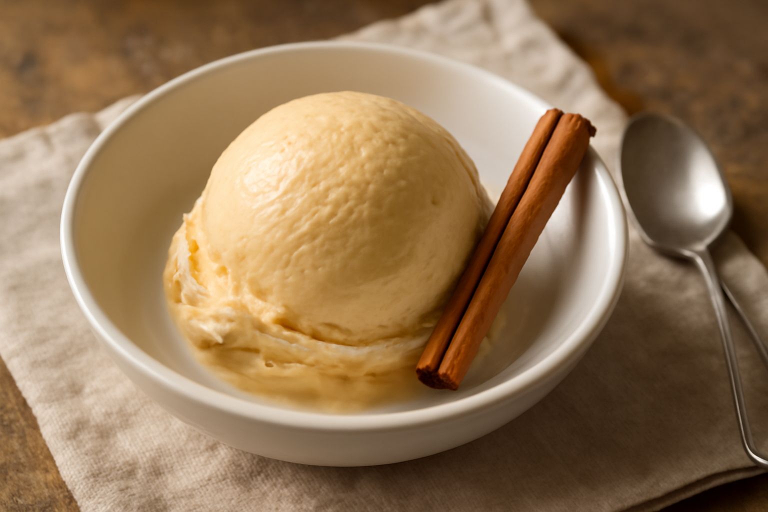 Gelato di canella color beige-avorio in una coppa di vetro, con una stecca di cannella intera appoggiata al lato, superficie liscia e brillante, sfondo neutro
