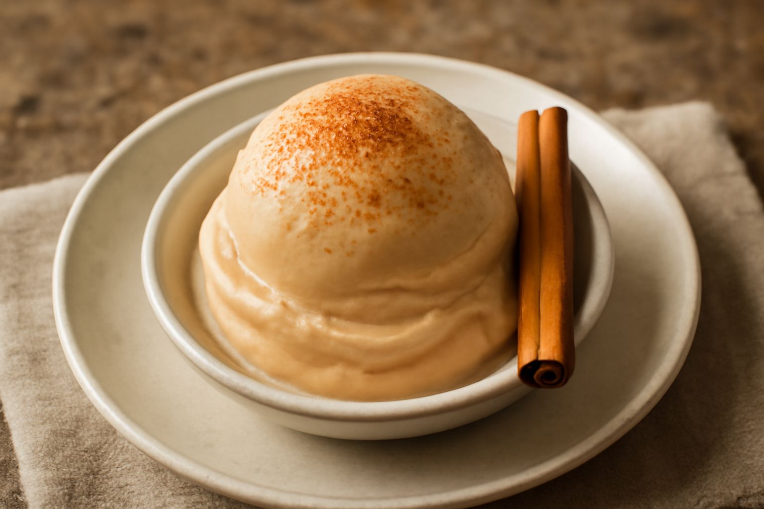Gelato di cannella color crema beige servito in una coppetta di vetro, con una spolverata di polvere di cannella sulla superficie e una stecca di cannella intera poggiata accanto