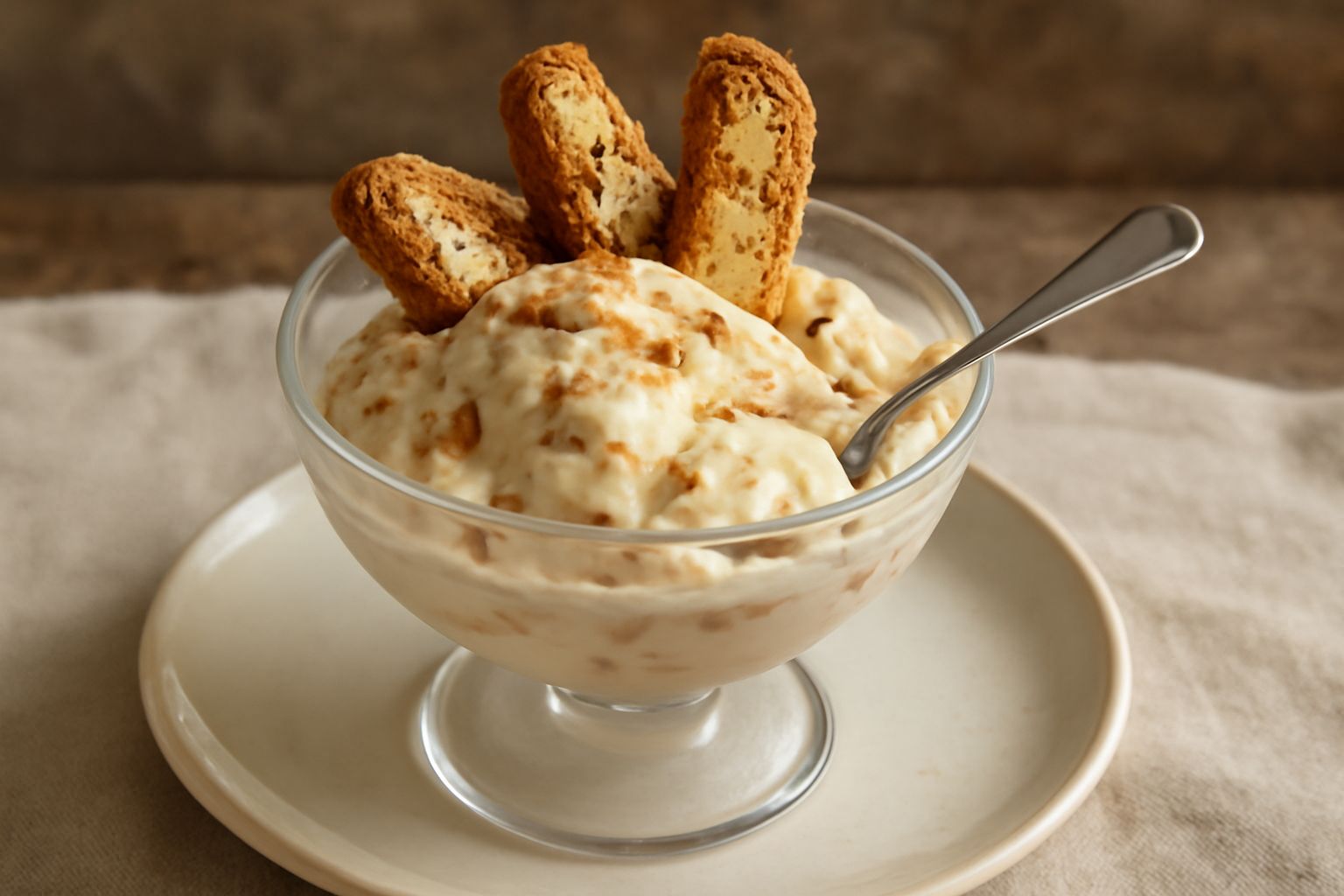 Coppa di gelato color bianco e marrone con pezzi visibili di cantucci croccanti in superficie, guarnita da mezzo biscotto, su sfondo bianco