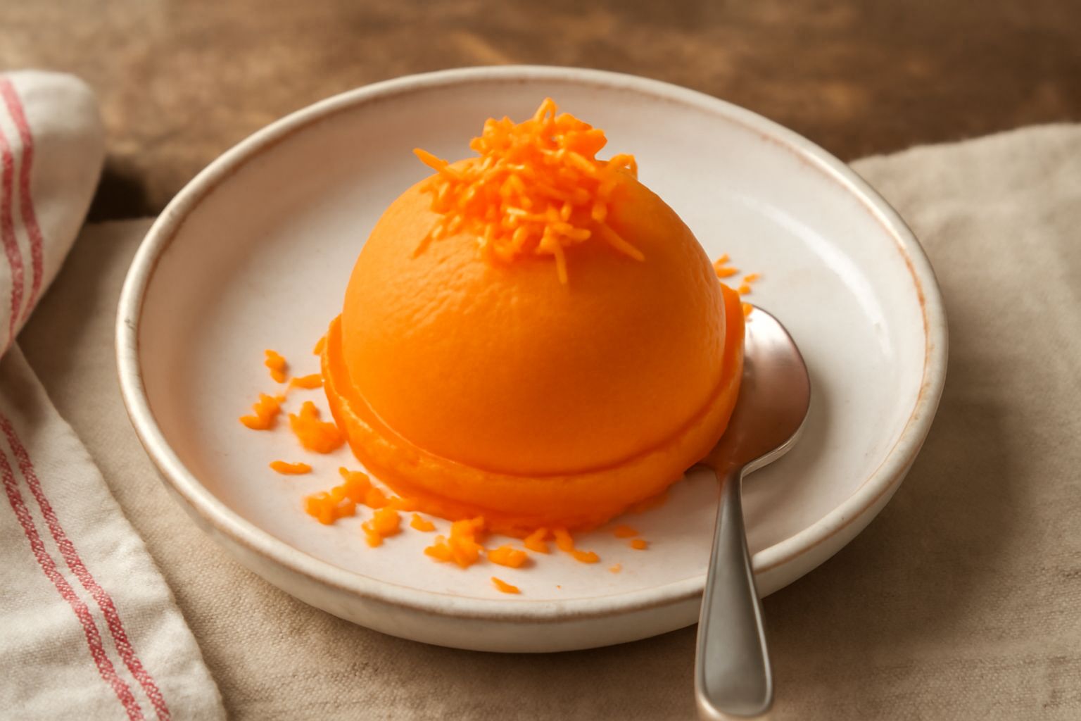 Gelato di carota color arancio brillante nella coppa di vetro trasparente, guarnito con una carota grattugiata e foglia di menta, servito con cucchiaio in legno su tavolo bianco