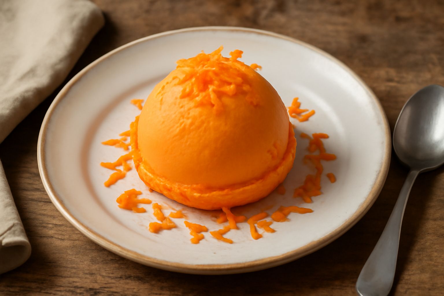 Gelato di carota color arancio brillante nella coppa di vetro trasparente, guarnito con una carota grattugiata e foglia di menta, servito con cucchiaio in legno su tavolo bianco